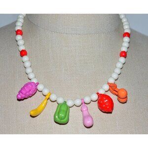 VTG Lucite Celluloid Plastic Multi-Color Fruit Salad Choker Dangle Necklace